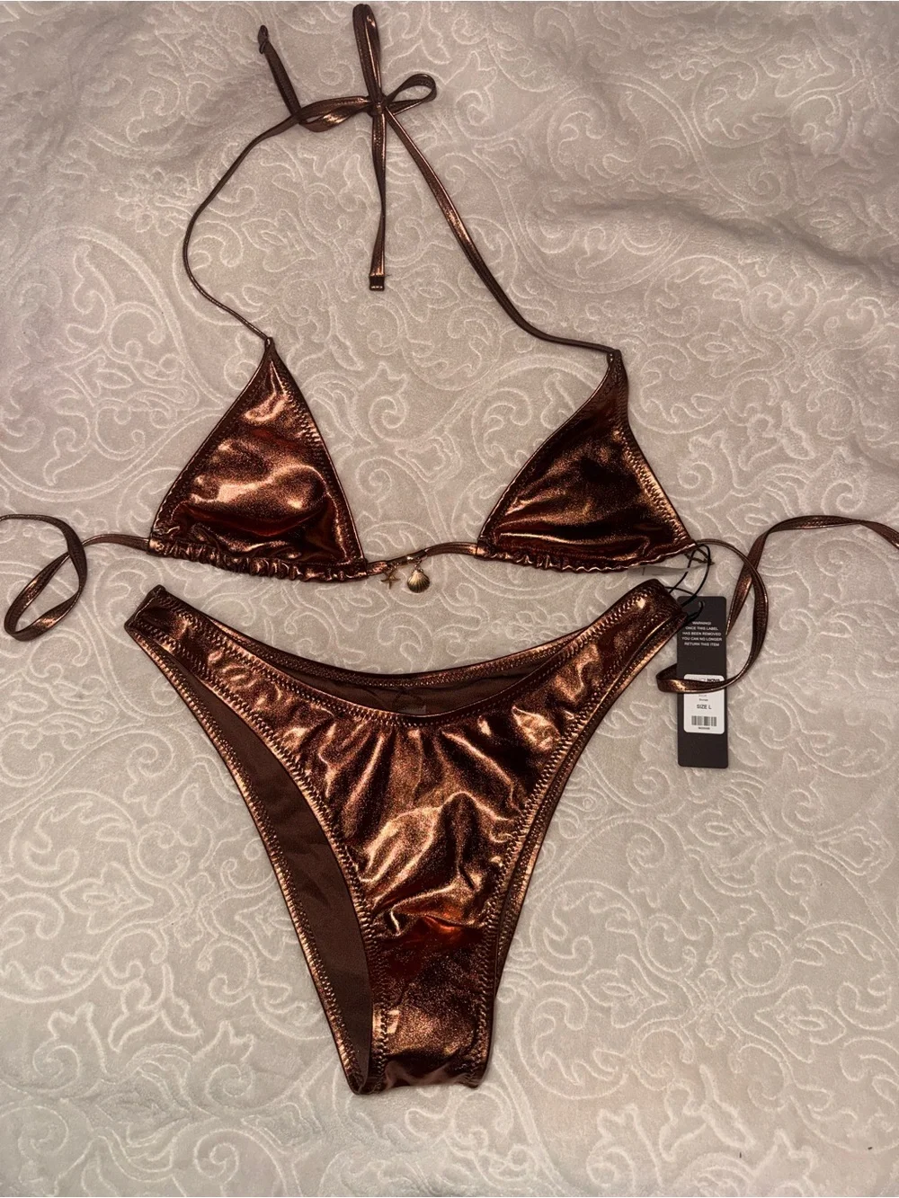 Fashion Nova Metallic Bronze Triangle Bikini Set
